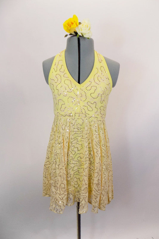Buttercream yellow lyrical hi-low dress had halter neck & open back. The yellow base has sequined cream lace overlay. Comes with matching hair accessory. Front
