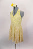 Buttercream yellow lyrical hi-low dress had halter neck & open back. The yellow base has sequined cream lace overlay. Comes with matching hair accessory. Side