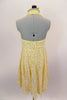 Buttercream yellow lyrical hi-low dress had halter neck & open back. The yellow base has sequined cream lace overlay. Comes with matching hair accessory.