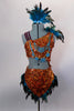 2-piece native inspired costume is  orange sequined with teal feathers. Bra  has an asymmetrical shoulder & tie-up sides. Comes with feather trimmed skirt ad feather hair accessory. Front