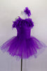 Purple velvet camisole tutu dress has layers of wide pleated organza skirt. The bust is lined with thick purple boa feathers. Comes with feather hair accessory. Side