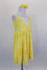 Yellow mesh lyrical dress with silver swirl designs has low deep V front with white crystaled center & crystaled straps. Comes with matching hair accessory. Side