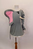 Grey velvet dress with hoop bottom skirt & attached panty & asymmetrical elephant face bodice with tusk, large ear & sleeve gathered to form an elephant trunk. Front