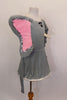 Grey velvet dress with hoop bottom skirt & attached panty & asymmetrical elephant face bodice with tusk, large ear & sleeve gathered to form an elephant trunk. Side