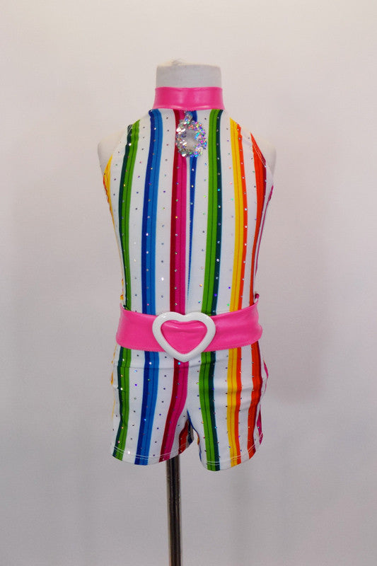 Bright vertical candy stripes with silver accents make the base of this short unitard. The collar is bright pink pleather with matching belt & pink boot covers. Front