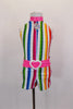 Bright vertical candy stripes with silver accents make the base of this short unitard. The collar is bright pink pleather with matching belt & pink boot covers. Front