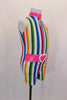 Bright vertical candy stripes with silver accents make the base of this short unitard. The collar is bright pink pleather with matching belt & pink boot covers. Side