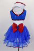 Blue and white leotard dress had white center, blue sparkle collar & shoulders edged with red sequin. The attached skirt is layers of blue tricot with red edge. Comes with sailor hat, red back bow and ruffled socks. Back