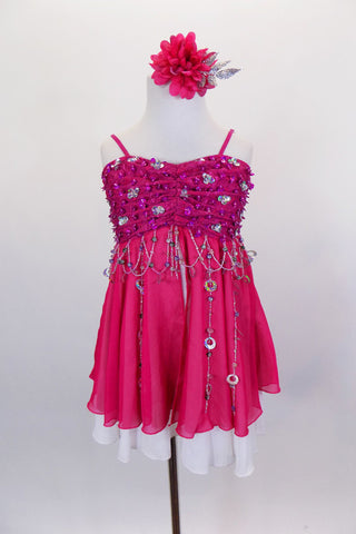 Fuchsia & white chiffon dress has empire waist. Laced pinch-front bust is adorned with hand sewn silver & pink sequins & floral beads dangle along the bustline. Comes with hair accessory. Front