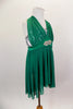 Emerald green mesh halter neck leotard dress has empire waist with silver applique & triangular draping over silver sequin bust with nude shoulder straps. Comes with crystal barrette. Side