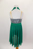 Emerald green mesh halter neck leotard dress has empire waist with silver applique & triangular draping over silver sequin bust with nude shoulder straps. Comes with crystal barrette. Back