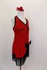 Flapper themed red sequined cross front halter dress has black crystaled piping. Skirt cuts up at left leg with black velvet bow. Edged with black fringe. Right side