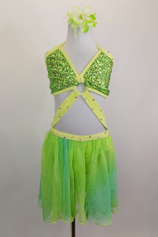 Green sequined halter bra top has yellow-green crystal covered binding. Ring at center links bra by crystaled strap attaching to chiffon flowy skirt. Front
