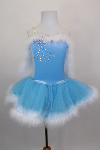 Pale blue velvet tutu dress has organza overlay on blue tulle. The bust, shoulders & skirt are edged in looping white marabou feather trim & crystal star accent. Front