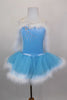 Pale blue velvet tutu dress has organza overlay on blue tulle. The bust, shoulders & skirt are edged in looping white marabou feather trim & crystal star accent. Front