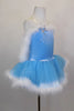 Pale blue velvet tutu dress has organza overlay on blue tulle. The bust, shoulders & skirt are edged in looping white marabou feather trim & crystal star accent. Side