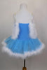 Pale blue velvet tutu dress has organza overlay on blue tulle. The bust, shoulders & skirt are edged in looping white marabou feather trim & crystal star accent. Back