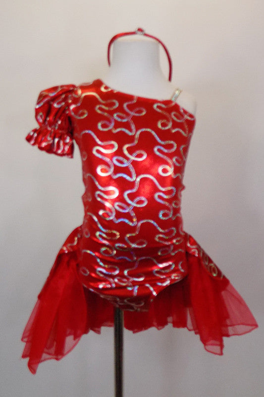 Red pouf sleeved dress has one shoulder & silver lasso designs. There is an open-front bustle skirt with red shiny petticoat & red/silver overlay. Comes with matching headband. Front