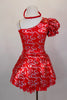 Red pouf sleeved dress has one shoulder & silver lasso designs. There is an open-front bustle skirt with red shiny petticoat & red/silver overlay. Comes with matching headband. Back