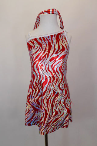 Red tunic dress with silver flames has single shoulder, silver piping and red panties. Comes with matching hair tie.  Front
