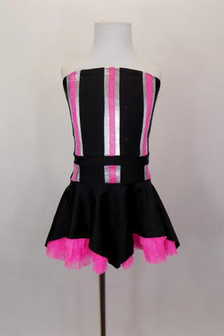 2-piece costume is a black base with silver & neon pink racing stripes. Top is tubular bodice with clear straps. Matching skirt has corresponding stripes. Comes with separate panty and hair accessory. Front