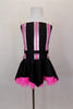 2-piece costume is a black base with silver & neon pink racing stripes. Top is tubular bodice with clear straps. Matching skirt has corresponding stripes. Comes with separate panty and hair accessory. Front