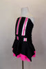 2-piece costume is a black base with silver & neon pink racing stripes. Top is tubular bodice with clear straps. Matching skirt has corresponding stripes. Comes with separate panty and hair accessory. Side
