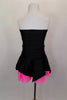 2-piece costume is a black base with silver & neon pink racing stripes. Top is tubular bodice with clear straps. Matching skirt has corresponding stripes. Comes with separate panty and hair accessory. Back