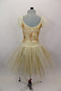 Gold romantic tutu has cream mesh pouf sleeves, cream & gold beaded lace overlay. Long gold & cream crystal tulle skirt has wide waistband with flower detail. Comes with cream floral hair accessory. Back