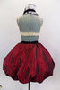 Pink camisole leotard has maroon, pearled bib front panel. Matching maroon, crinkle taffeta skirt is attached to cage crinoline. Has white & black lace choker. Comes with pink hair bow, sateen booties and arm bands. Back