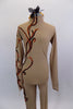 Full nude unitard with high neck, long sleeves and zip back, has hand painted orange and black swirl designs cascading down the entire right side. Front