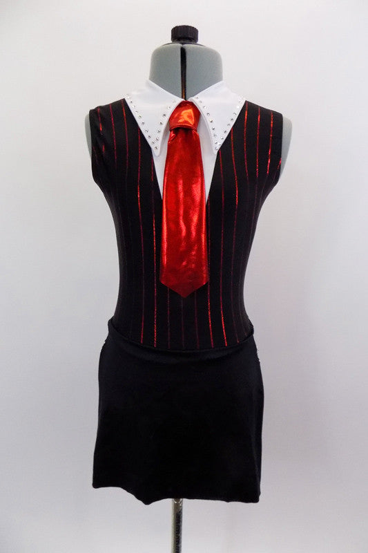 Gangster themed costume has black leotard base with red pinstripe body with white collar, & bright red neck-tie accent. The skirt is short with crystaled slits. Comes with sequined silver hat that lights up. Front
