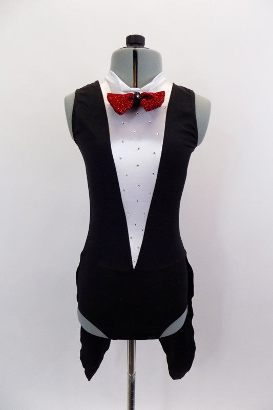 Broadway themed costume has black leotard base with red attached coat tails, white collar, white deep V front with crystals and a bright red sparkle bow tie accent. Comes with hair accessory. Front