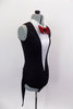 Broadway themed costume has black leotard base with red attached coat tails, white collar, white deep V front with crystals and a bright red sparkle bow tie accent. Comes with hair accessory. Side