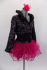 Black camisole style short unitard has attached hot pink sequin dotted curly hem ruffle skirt. Comes with a black & silver sequined short blazer coat. Comes with hair accessory. Side