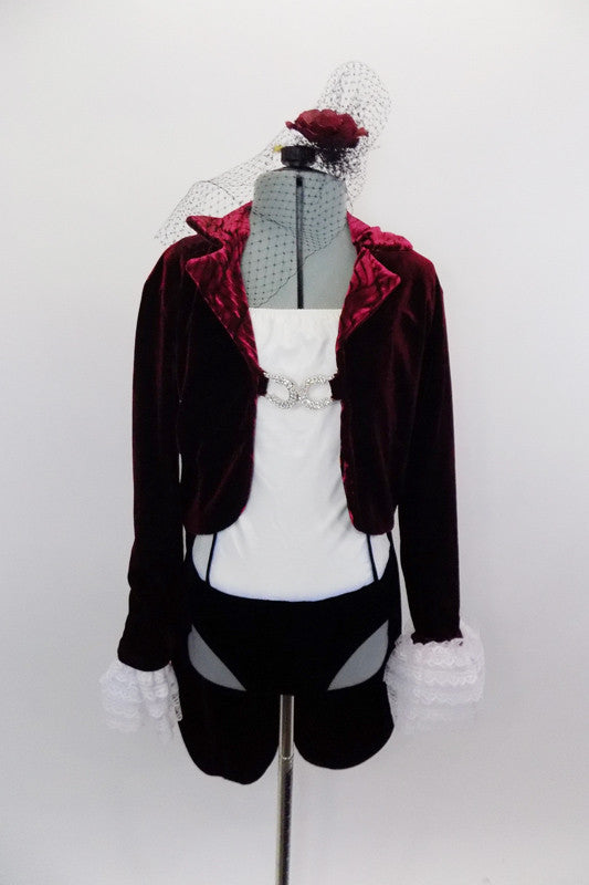 Cream camisole leotard has black velvet bottom & princess seams. Costume comes with a deep red velvet tailcoat with crystal clasps & ruffled lace cuffs. Comes with maroon rose veiled hair accessory. Front