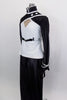 Black & white 2-piece costume has black pants with tie string at bottom & hanging suspenders with silver buttons. Jacket has mandarin collar & silver buttons. Side