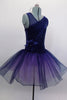 Navy tutu  has asymmetrical sequined bodice. Navy tulle, sits on layers of pale mauve tulle. Wide waistband gathers with a large navy flower on the right hip. Comes with hair accessory. Side
