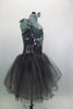 Romantic tutu dress in shades of grey has charcoal crystal tulle over layers of pale grey. The bodice is a charcoal, princess cut styles with embroidered lace. Comes with floral hair accessory. Side