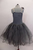 Romantic tutu dress in shades of grey has charcoal crystal tulle over layers of pale grey. The bodice is a charcoal, princess cut styles with embroidered lace. Comes with floral hair accessory. Back