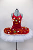 Red velvet bodysuit has large faux vegetables & cheese strings on front torso. The matching platter tutu resembles a large pizza pie covered in all the toppings. Front
