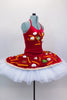 Red velvet bodysuit has large faux vegetables & cheese strings on front torso. The matching platter tutu resembles a large pizza pie covered in all the toppings. Right side