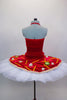 Red velvet bodysuit has large faux vegetables & cheese strings on front torso. The matching platter tutu resembles a large pizza pie covered in all the toppings. Back