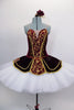 Burgundy red velvet sweetheart Russian style, 5 panel bodice comes with 10 layer pleated professional tutu with matching overlay, gold braid & lace accents. Comes with hair accessory. Front