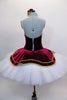 Burgundy red velvet sweetheart Russian style, 5 panel bodice comes with 10 layer pleated professional tutu with matching overlay, gold braid & lace accents. Comes with hair accessory. Back