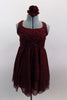 Deep maroon glitter mesh halter dress has attached panty. Pretty rose ribbon bodice & angled straps give it a delicate touch. Comes with rose hair accessory. Front