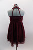 Deep maroon glitter mesh halter dress has attached panty. Pretty rose ribbon bodice & angled straps give it a delicate touch. Comes with rose hair accessory. Back