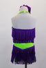 Layers of purple fringe spice up the lime green halter collar and shorts of this sassy two piece costume . Comes with purple floral hair accessory. Back