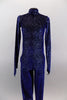 Deep blue velvet, high neck, long sleeved full unitard has iridescent silver vein pattern throughout. The low open back has single wide band across back. Front