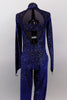 Deep blue velvet, high neck, long sleeved full unitard has iridescent silver vein pattern throughout. The low open back has single wide band across back. Done
